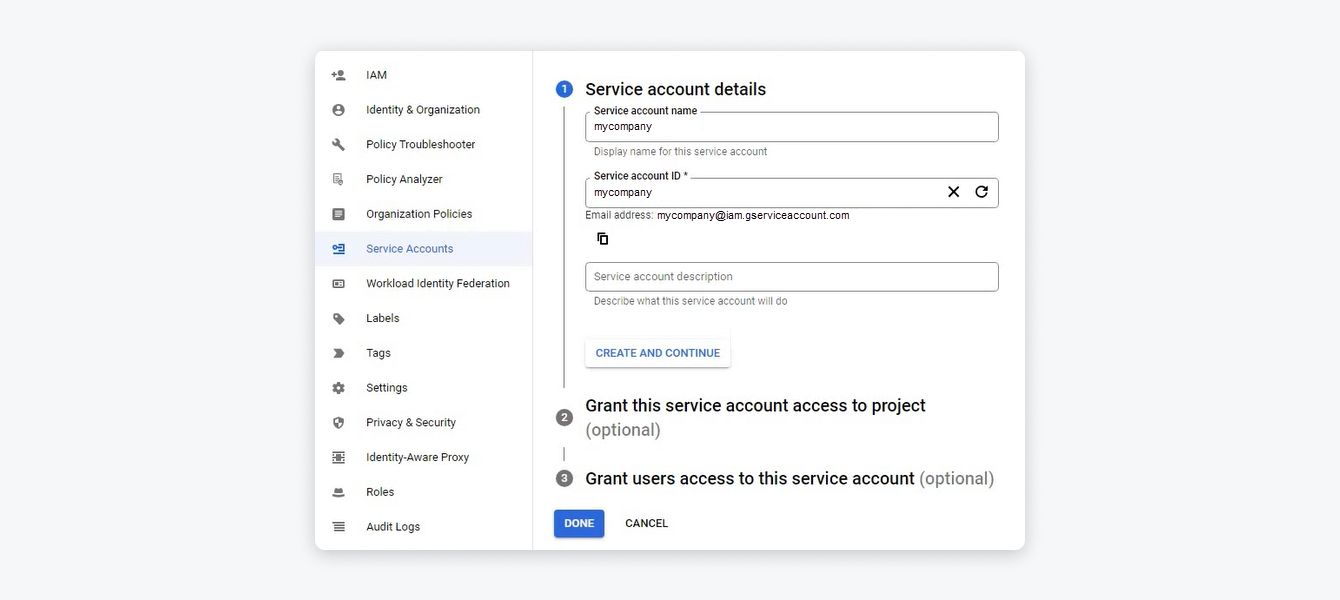 Create service account